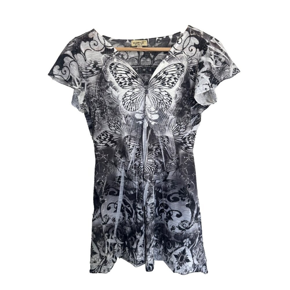 One World Womens' Small Black White Butterfly V-neck Top Fairy Whimsy